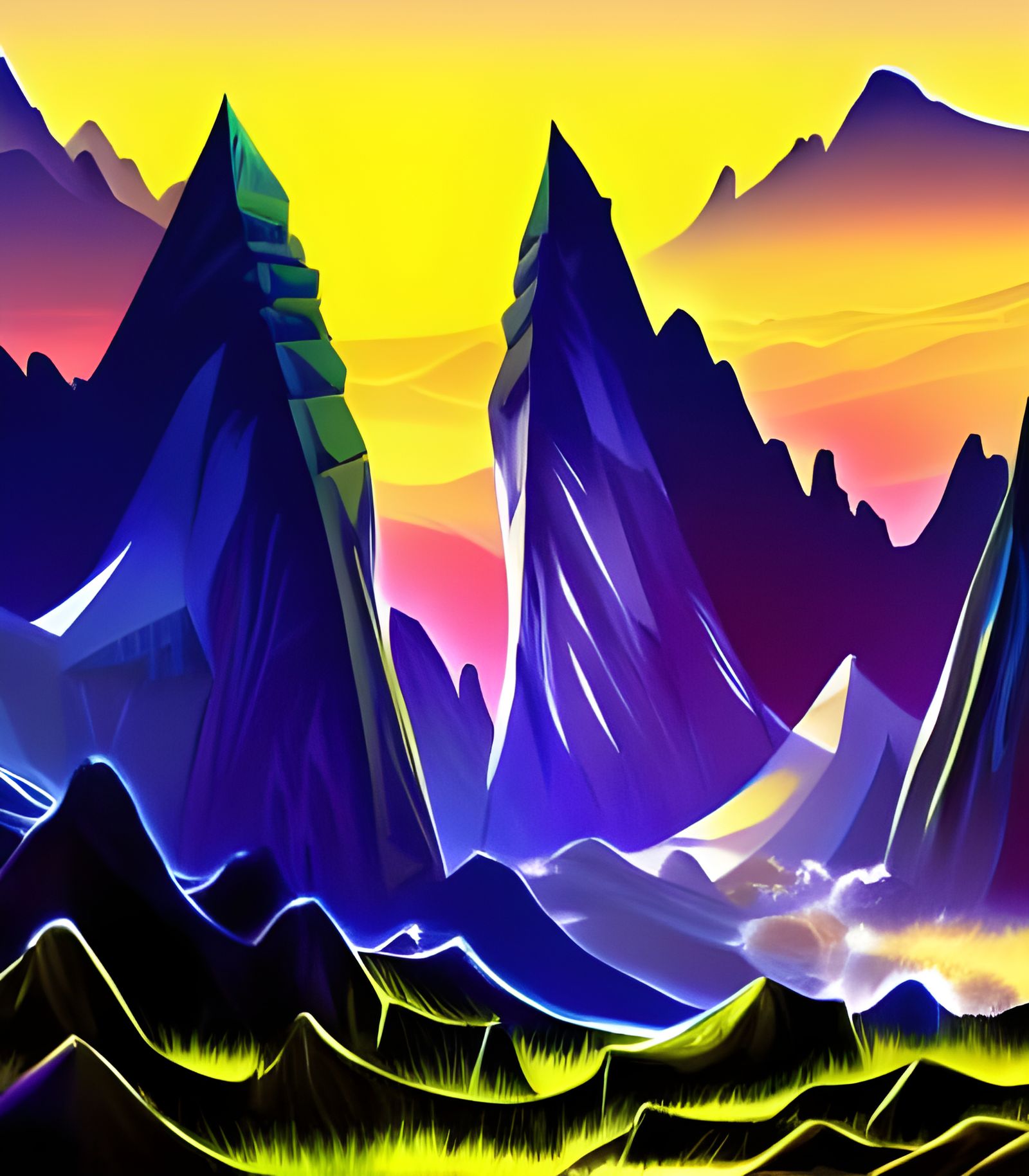 Detailed Ink Drawing of Fantasy Mountains