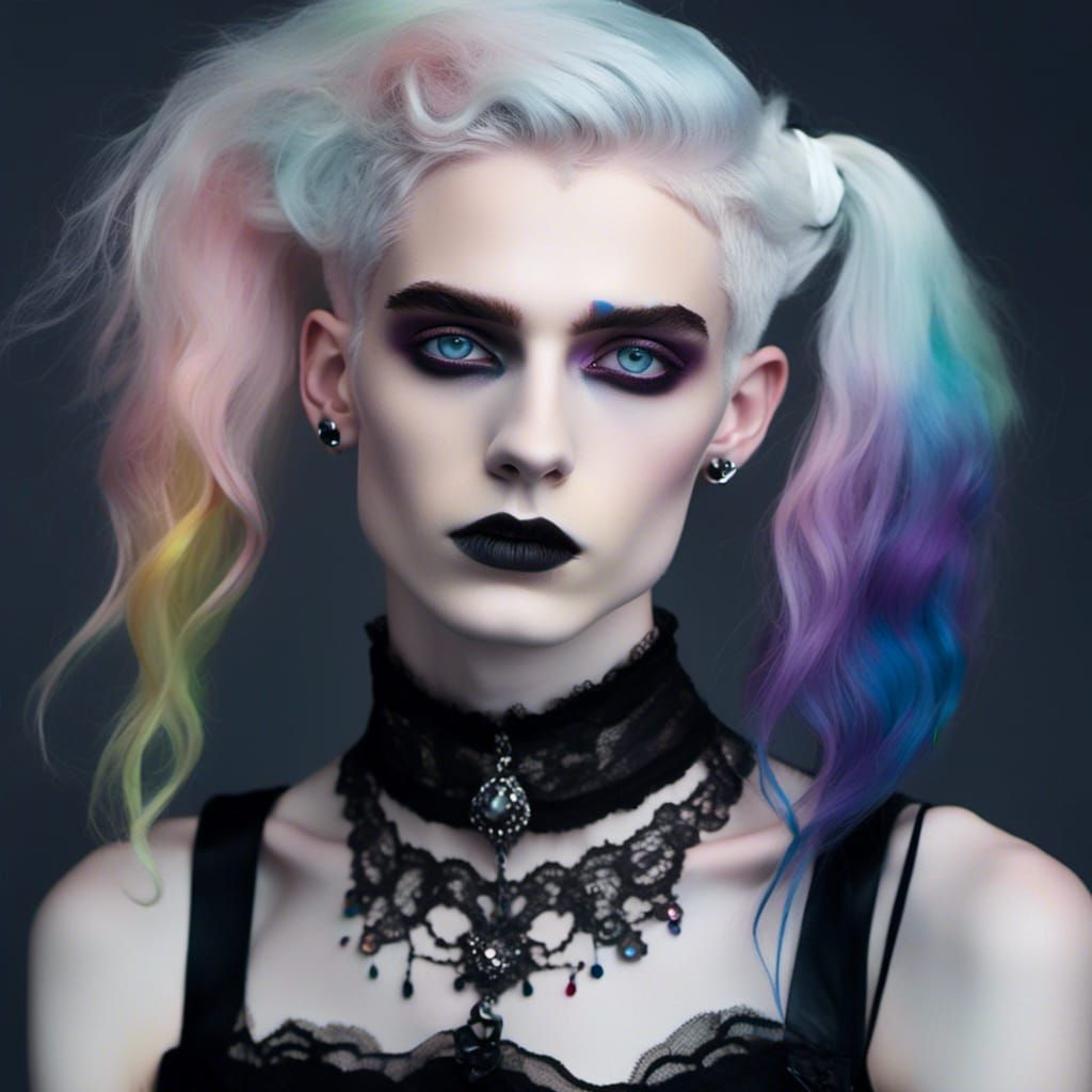 Gothic Portrait of Pale Young Man with Rainbow Hair