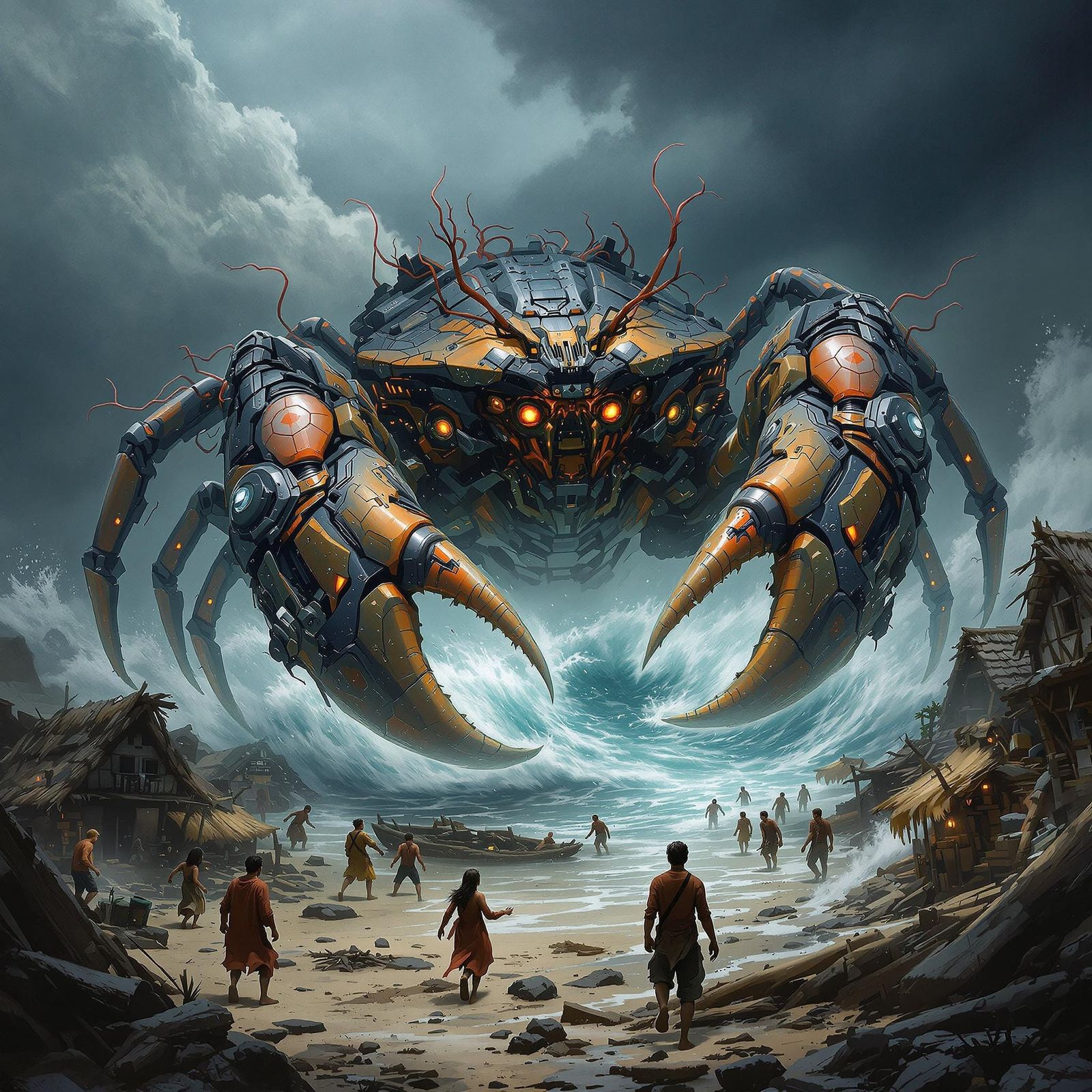Cyborg Crab Devastates Coastal Village in Dark Fantasy Art