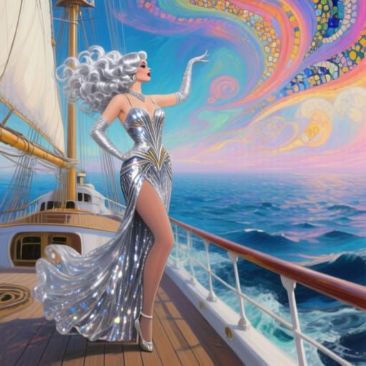 Glamorous Showgirl on Sailing Ship in Art Deco Gown