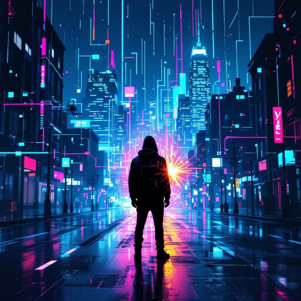 Lone Figure on Neon Street, Cyberpunk Realism Style