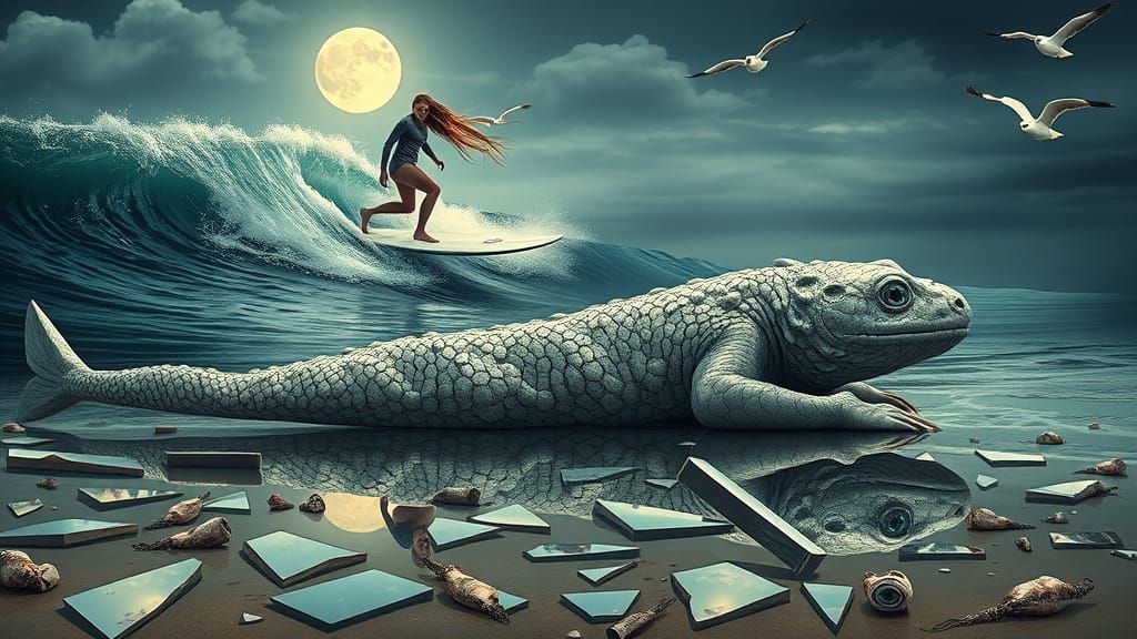 Ethereal Surfer in a Dreamlike Scene with Shattered Mirrors ...