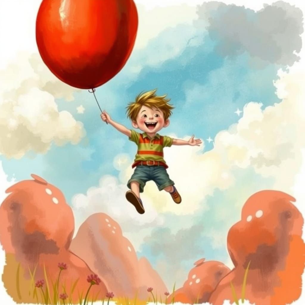 Boy Lifted by Whimsical Red Balloon in Dreamlike Atmosphere