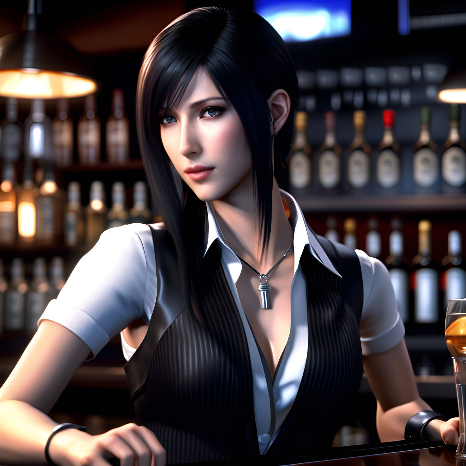 Tifa Lockhart as Bartender in Photorealistic Style