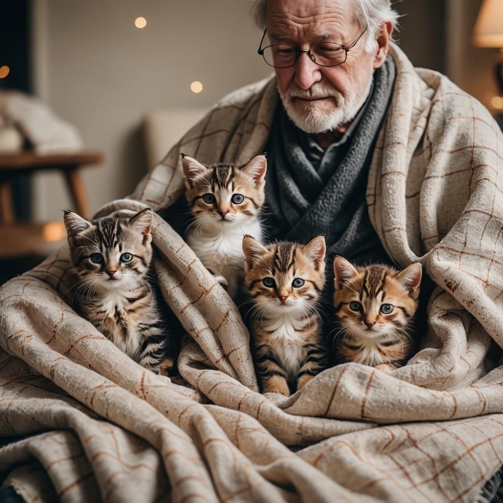 Old Man Relaxing with Kittens: Professional Photography