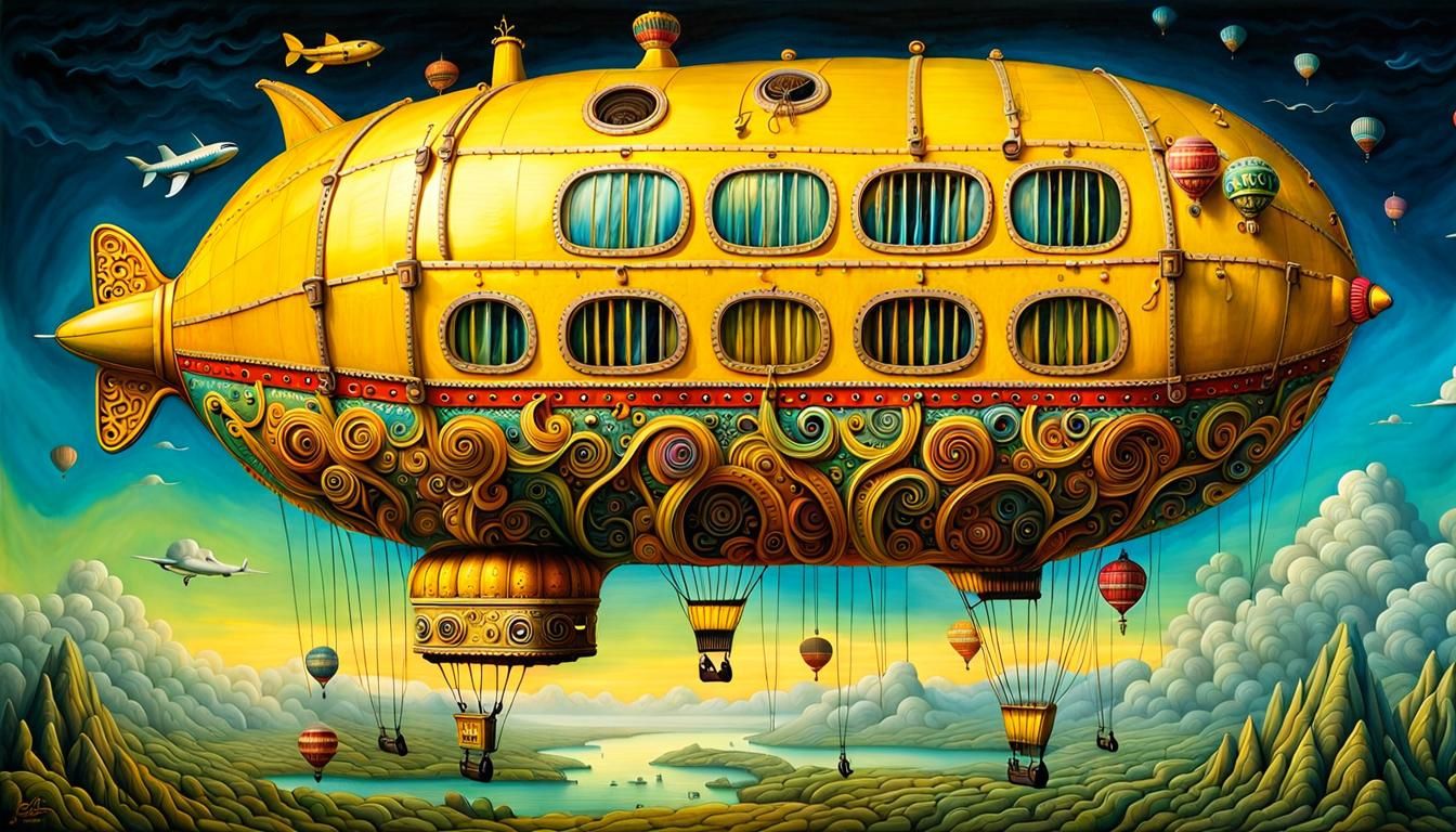 Fantastical Yellow Submarine Hot Air Balloon, Vibrant Art