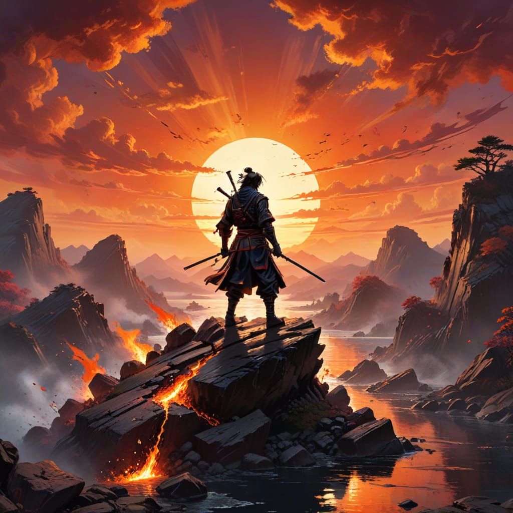 Samurai Silhouette at Fiery Sunset: Splash Art
