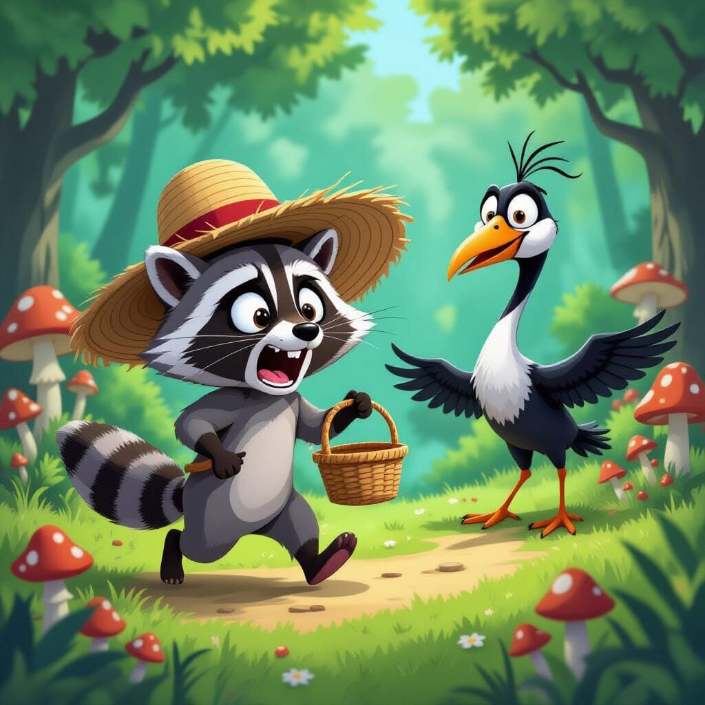 Cartoon Raccoon's Escape from a Confused Boa