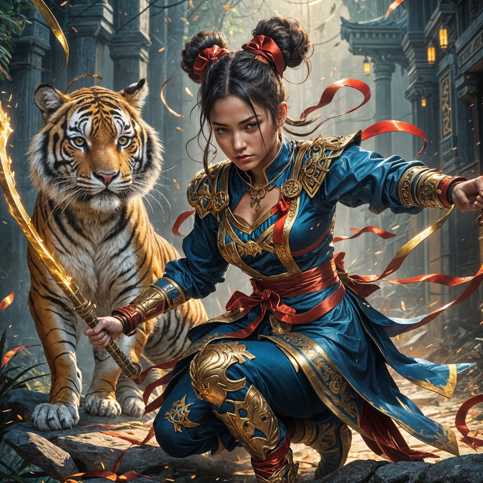 A young female fighter training to be a tiger tamer