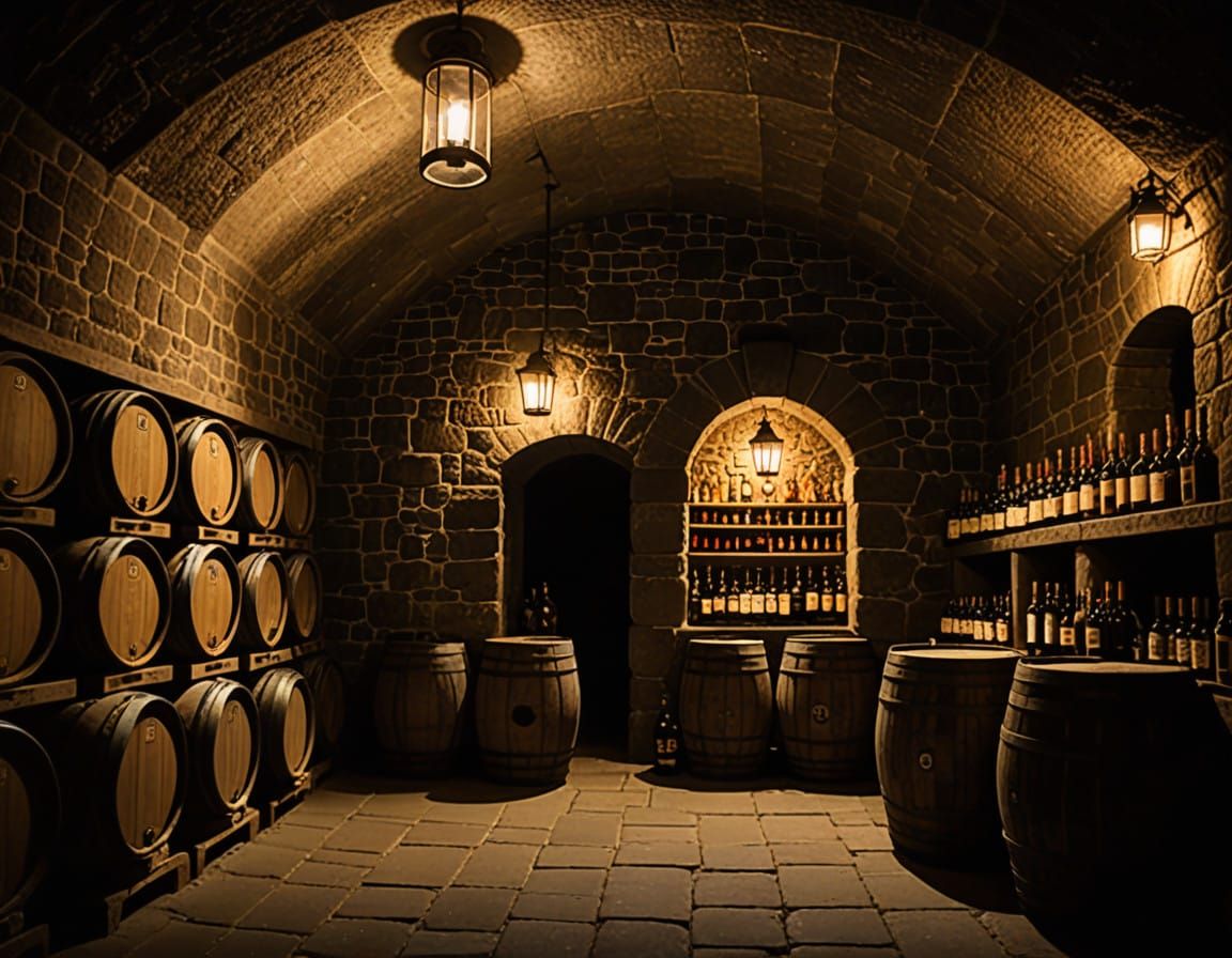 Barrels and Bottles in a Cozy Stone Cellar Lit by Candleligh...