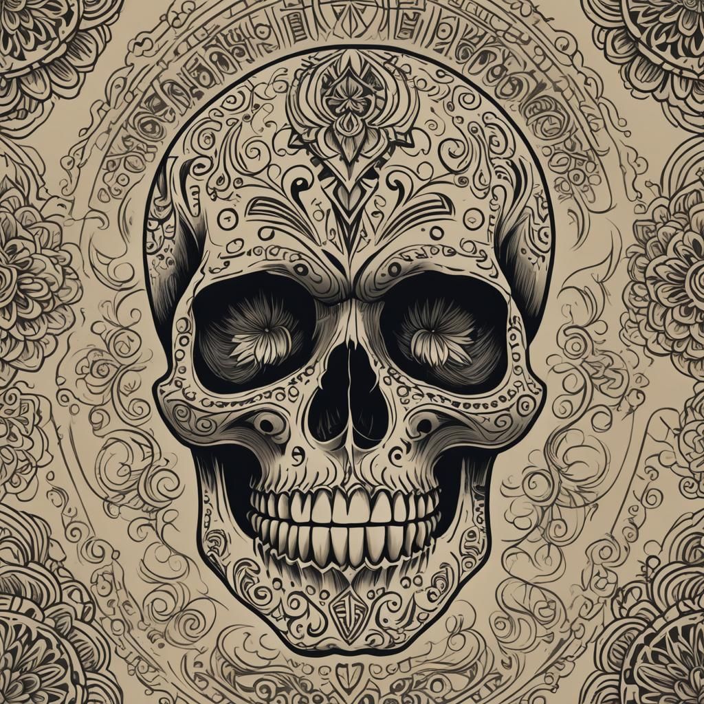 Day of the Dead Skull with Tribal Tattoo Motifs