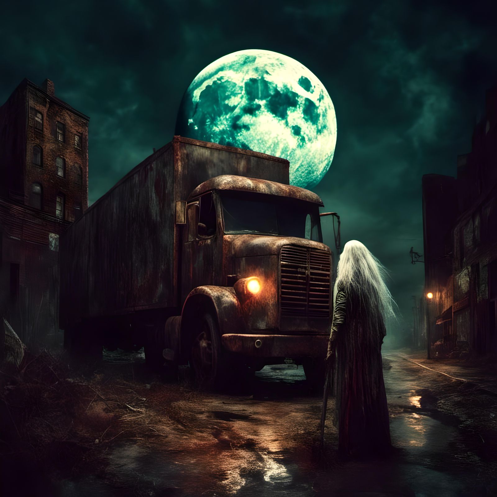 Macabre Old Woman at Truck Window in the Night