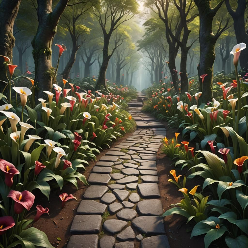 Multicolored Lillies Lead to Forest: Fantasy Concept Art
