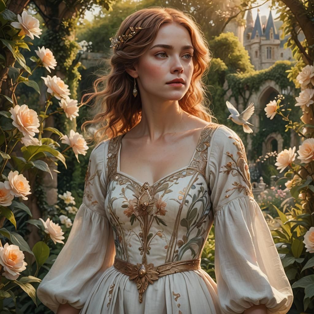 Serene Woman in Fantastical Castle Garden