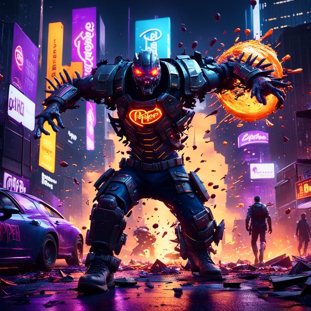 Cyberpunk Dr Pepper Monster Obliterates Cityscape