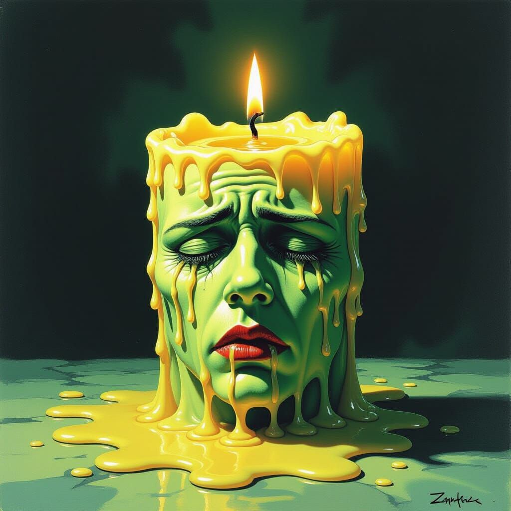 Grotesque Melting Candle Weeping in Darkness as Gouache Art