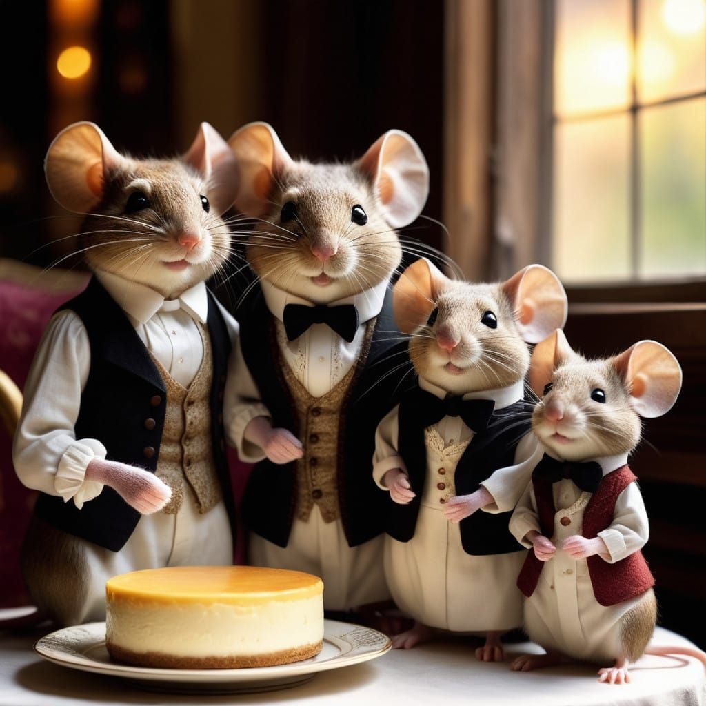 Mouse Family Enjoys Whimsical Cheesecake Soiree in Fairy Tal...