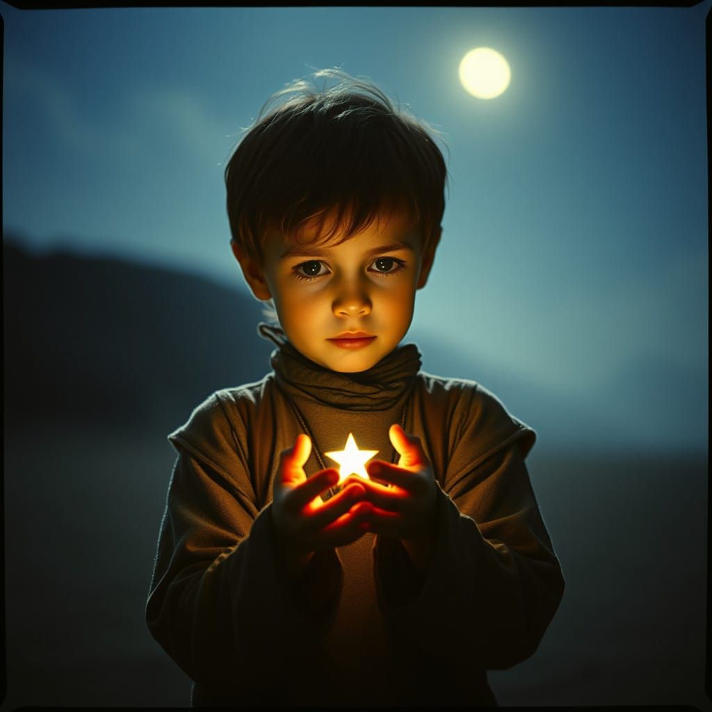 Boy Tenderly Cradles Glowing Fallen Star in Desolate Moonlit...