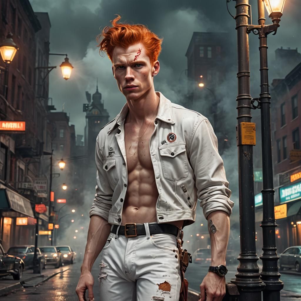 Redhead in Leather Jeans Under Streetlight: Fantasy Art