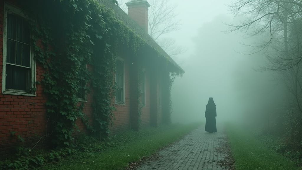 Ivy on Red Bricks with Ghostly Mist and Nun Silhouette