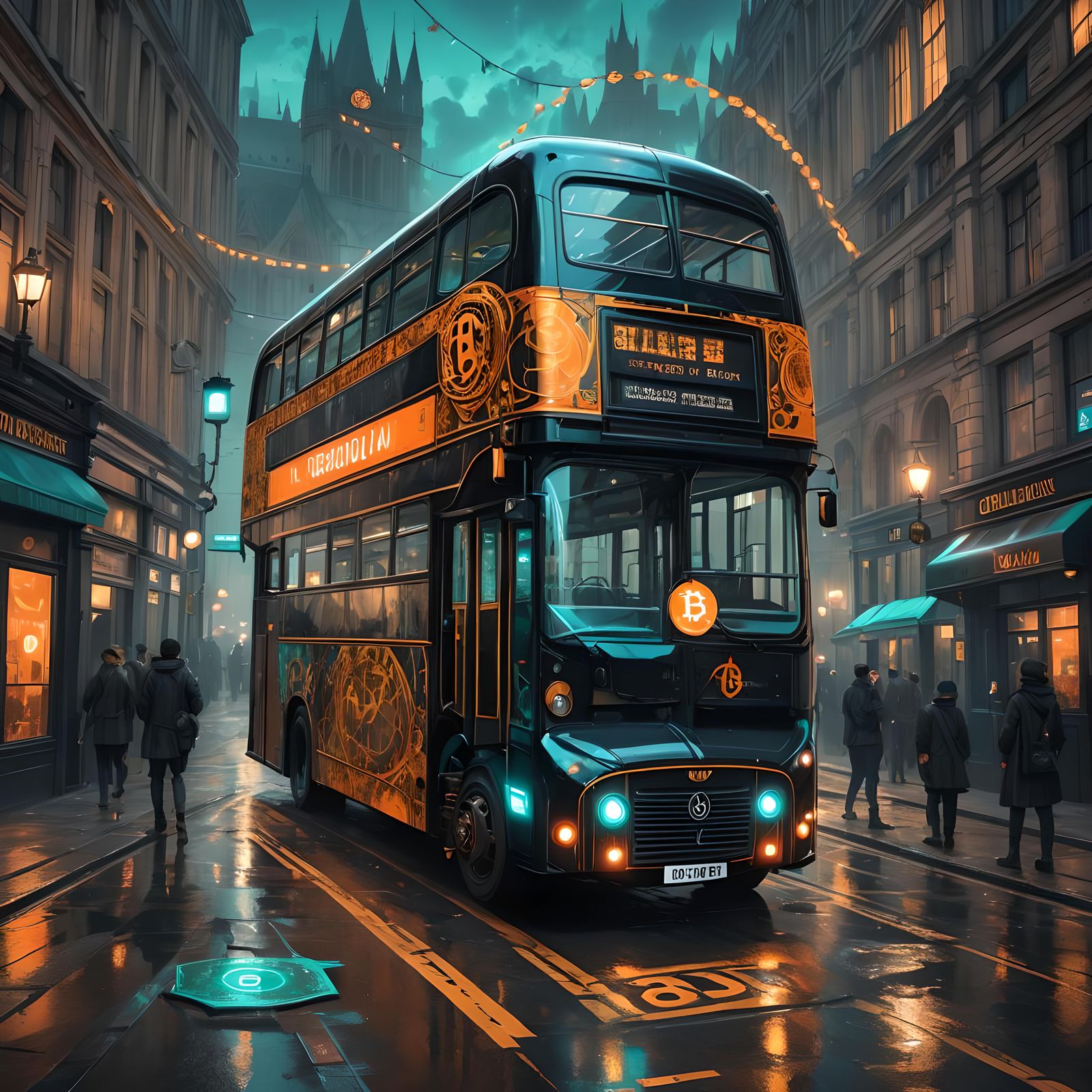 A gothic black London bus with Bitcoin sign