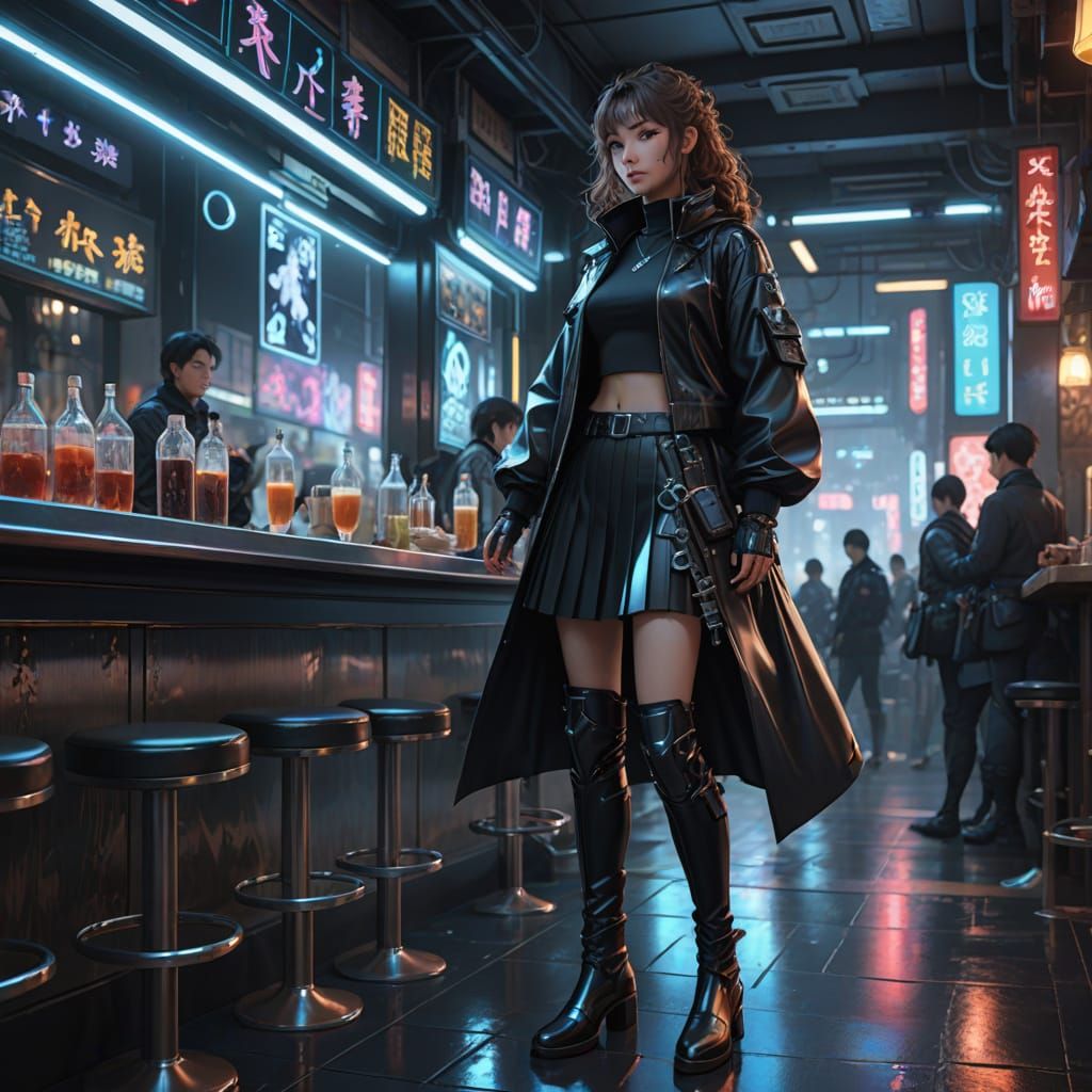 Cyberpunk Woman in Futuristic Café