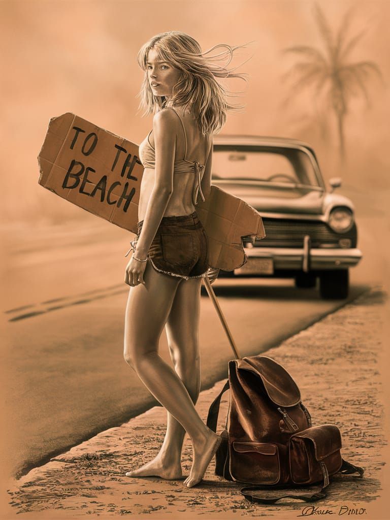 70s Surfer Girl Stands by the Road, Wearing Bikini Top and S...