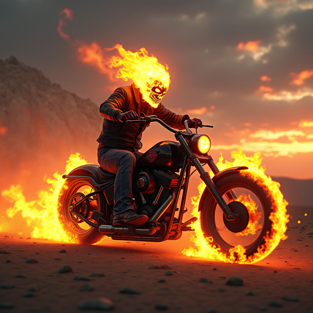 Surreal Motorcycle Rider Soars Through Fiery Desert Landscap...