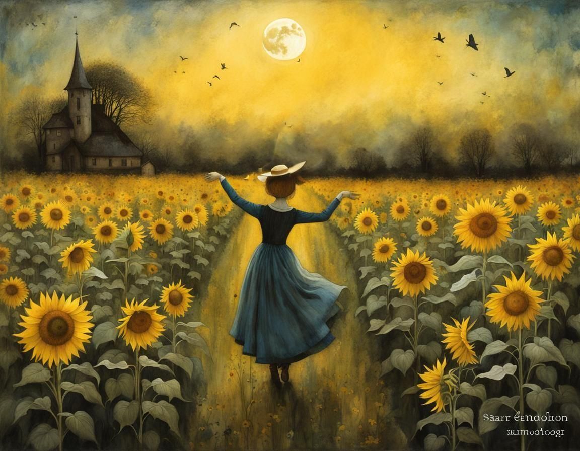 Magical Sunflower Garden Illustration under Moonlight