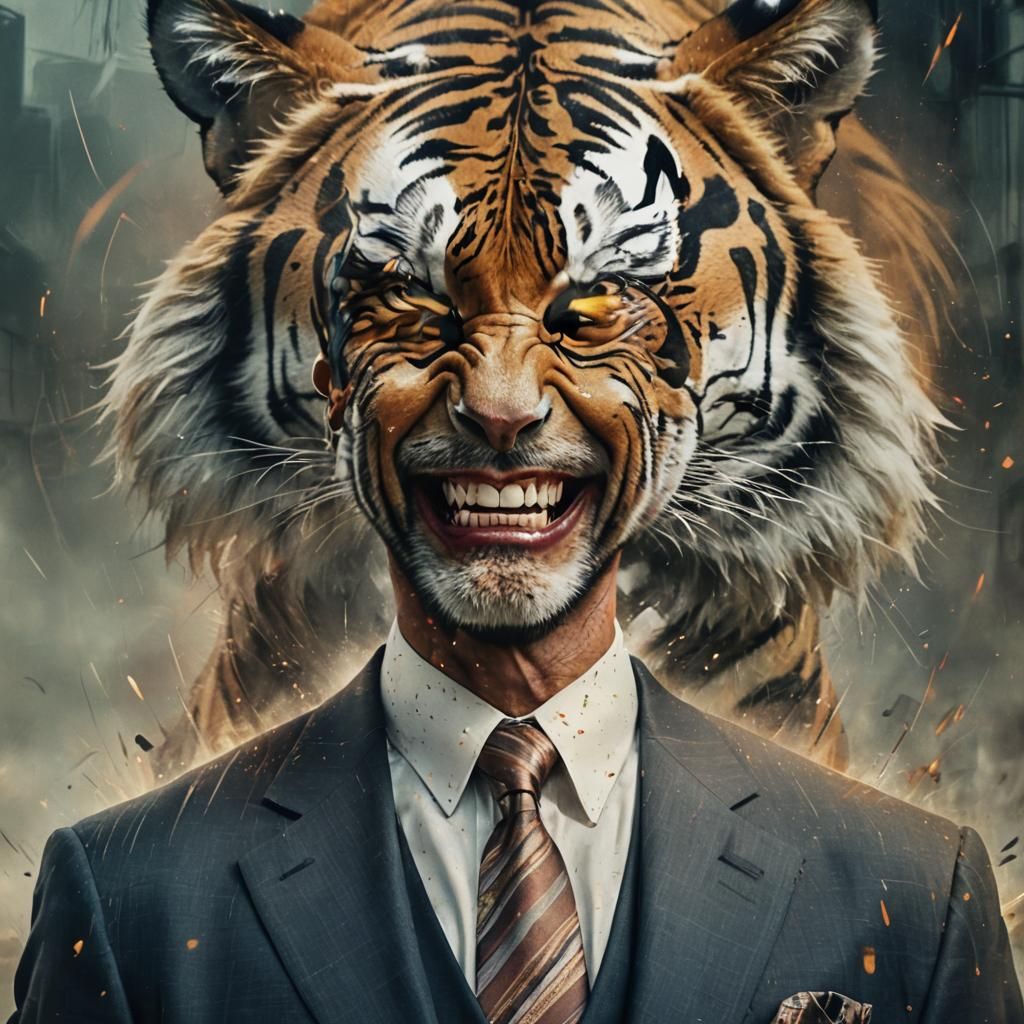 Tiger and Man Double Exposure in Detailed Matte Painting