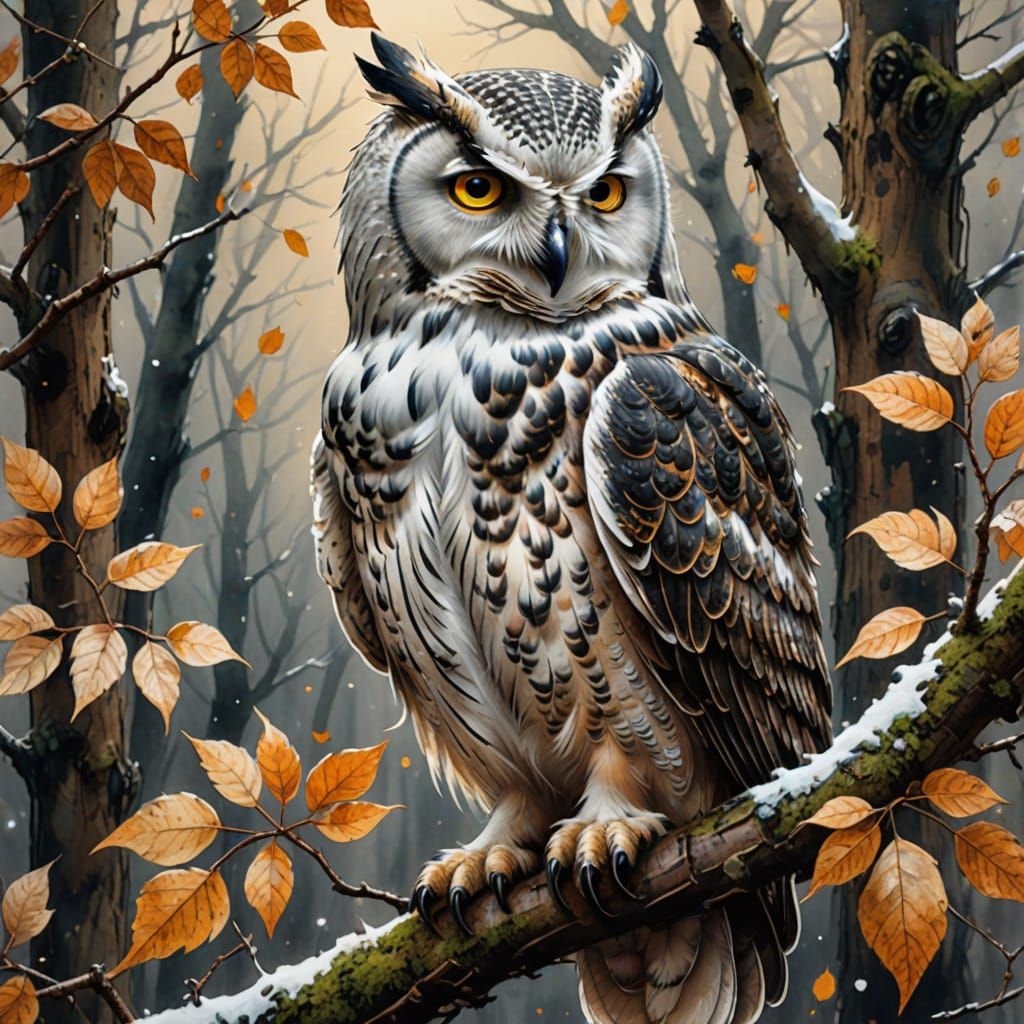 Carl Larsson, Watercolor vintage style cute dark Snowy Owl o...