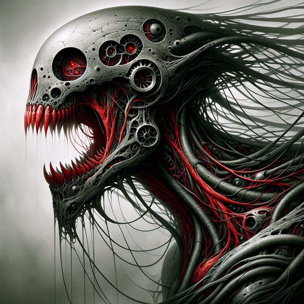 Monochromatic Biomechanical Entity in Gothic Horror Style
