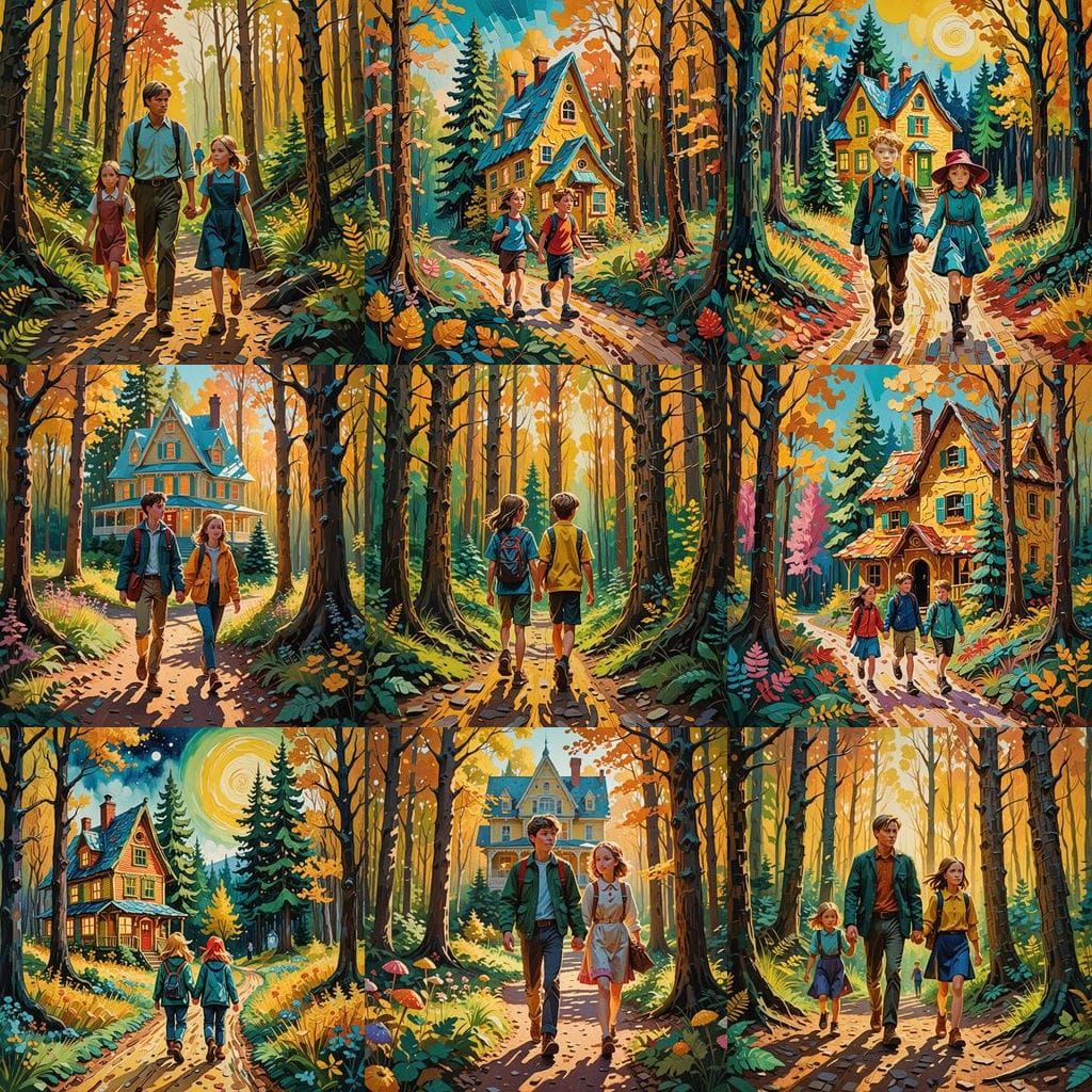 Children Discover Candy House in Forest, Gouache Style