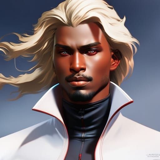 Beautiful Black man, long curly blonde windswept hair, glittering red and white RALPH LAUREN ski jacket with high col...