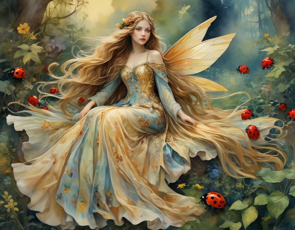 Fairy Riding Ladybug in Watercolor Art