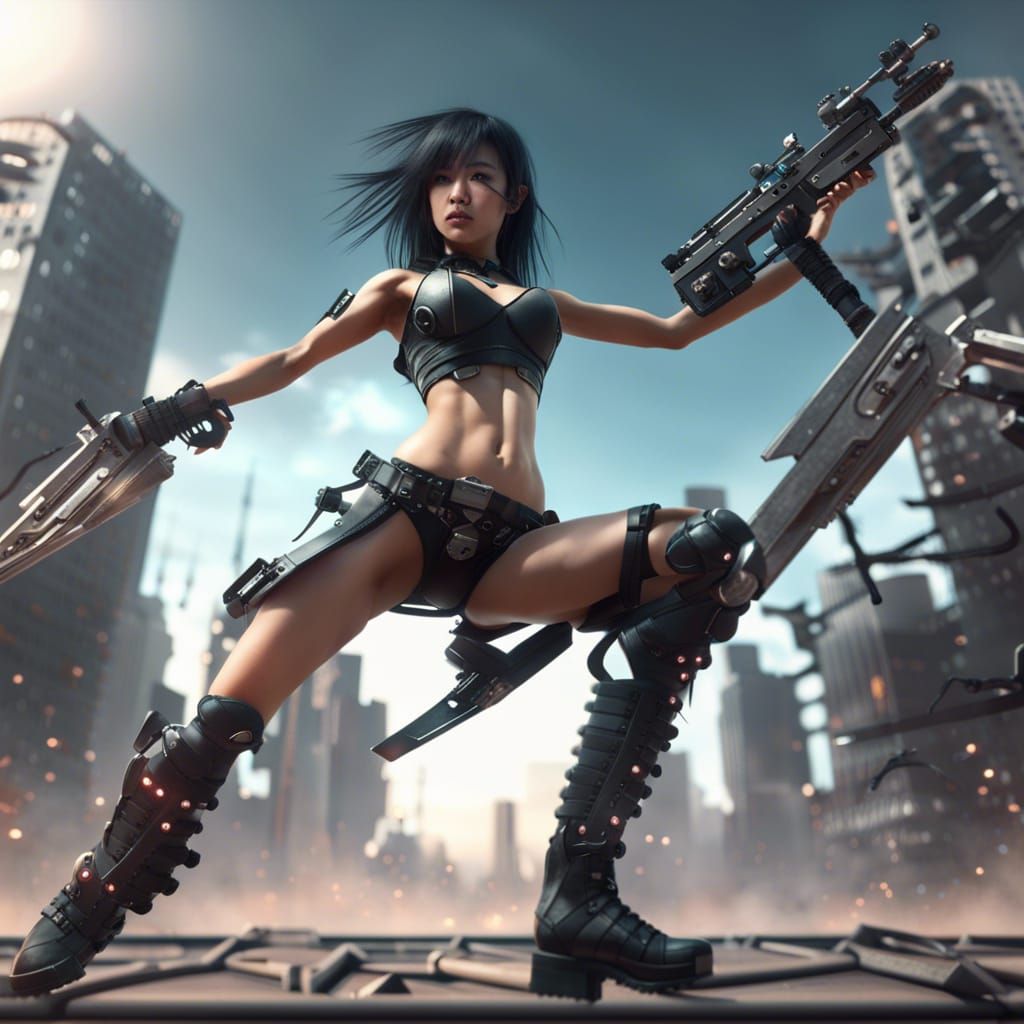 Futuristic Asian Warrior in Post-Apocalyptic City