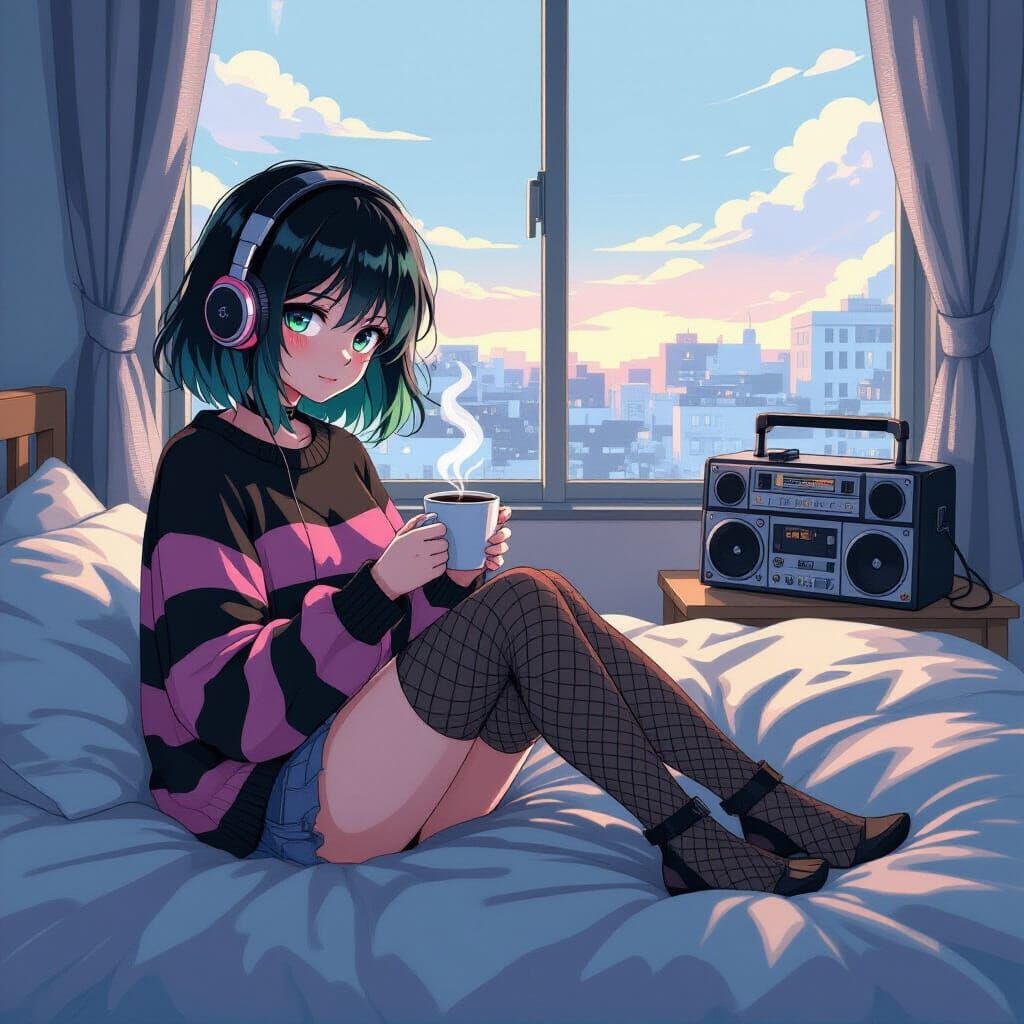 Anime Emo Woman with Green-Black Hair in Striped Sweater