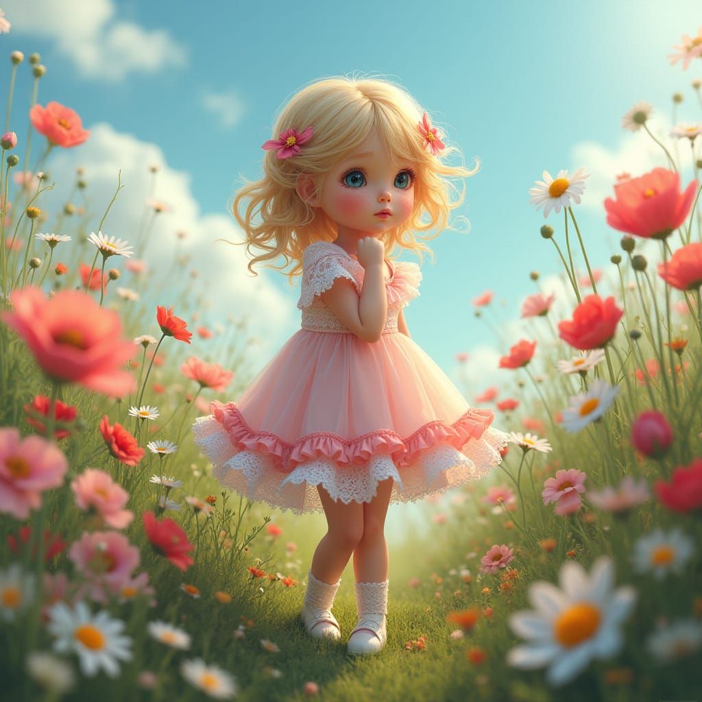 Whimsical Girl in a Vibrant Meadow
