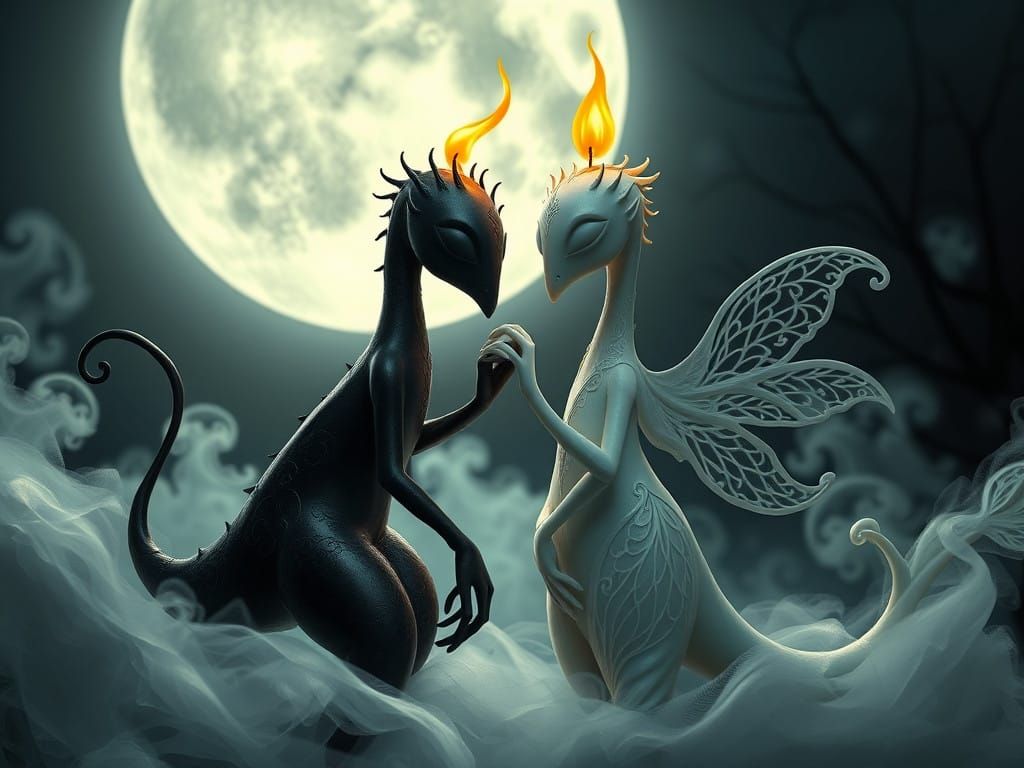 Mystical Moonlit Embrace of Candle Creatures