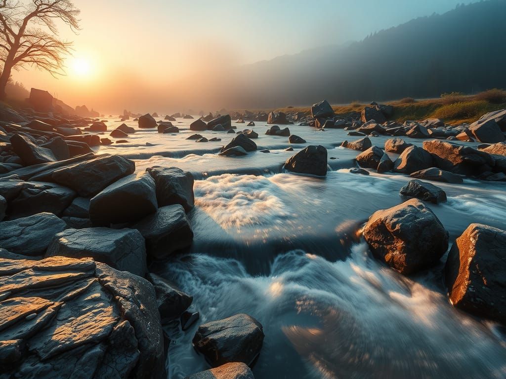 Flowing River Long Exposure in Hyperreal Style