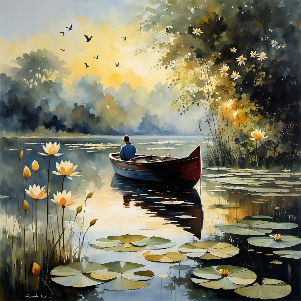 Quiet Lake Sunset with Boat and Water Lilies