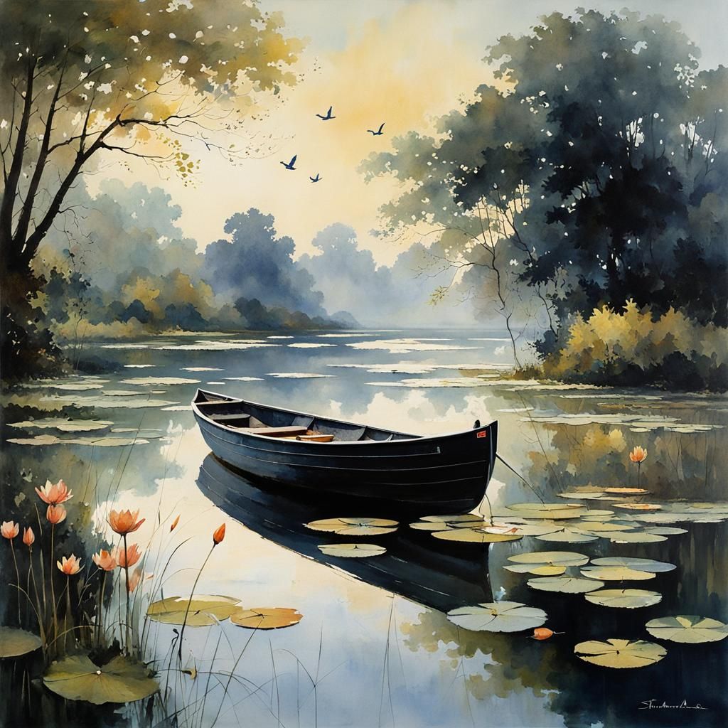 Serene Lake Scene in Intricate Watercolor Style