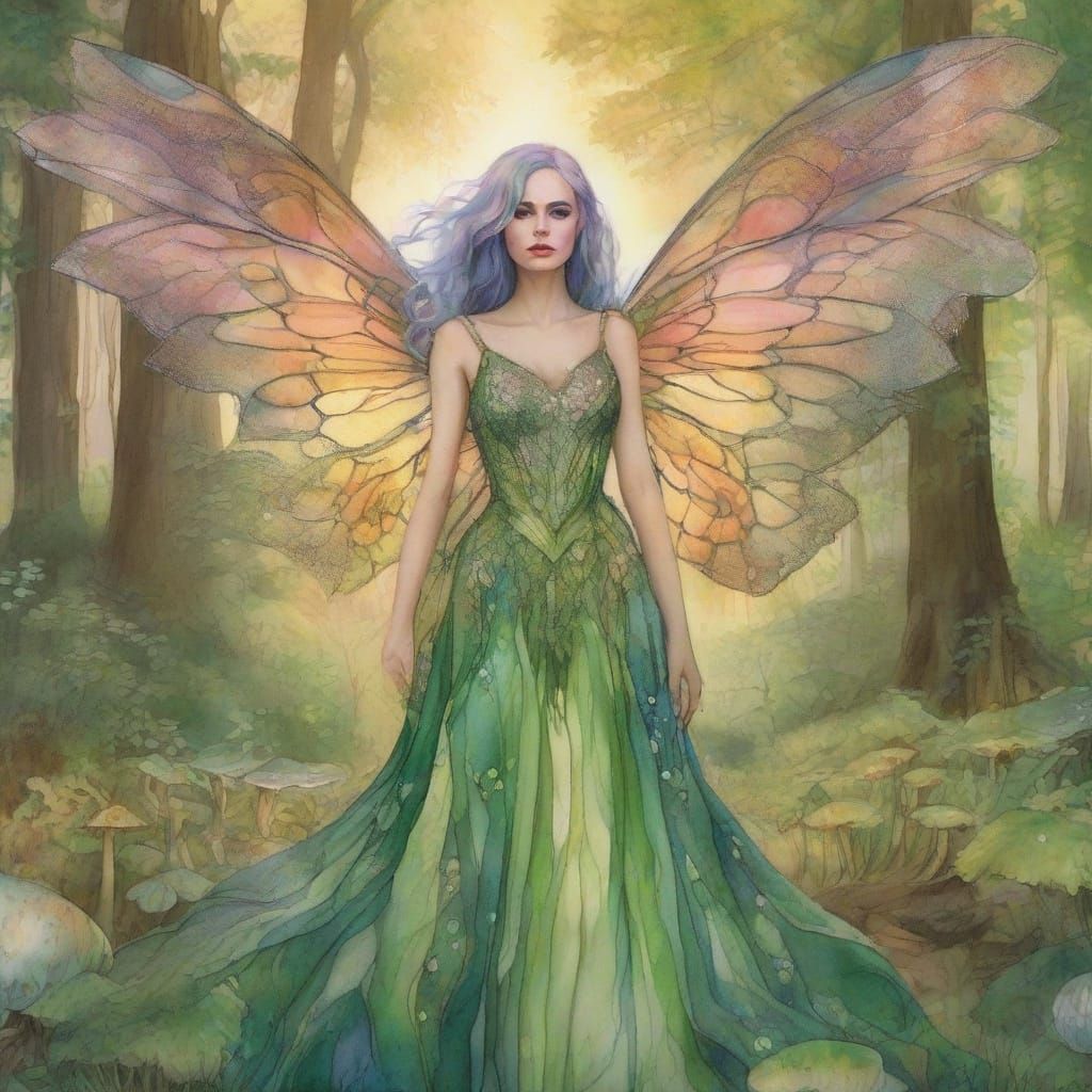 Fairy in Stained Glass Dress in Magical Forest