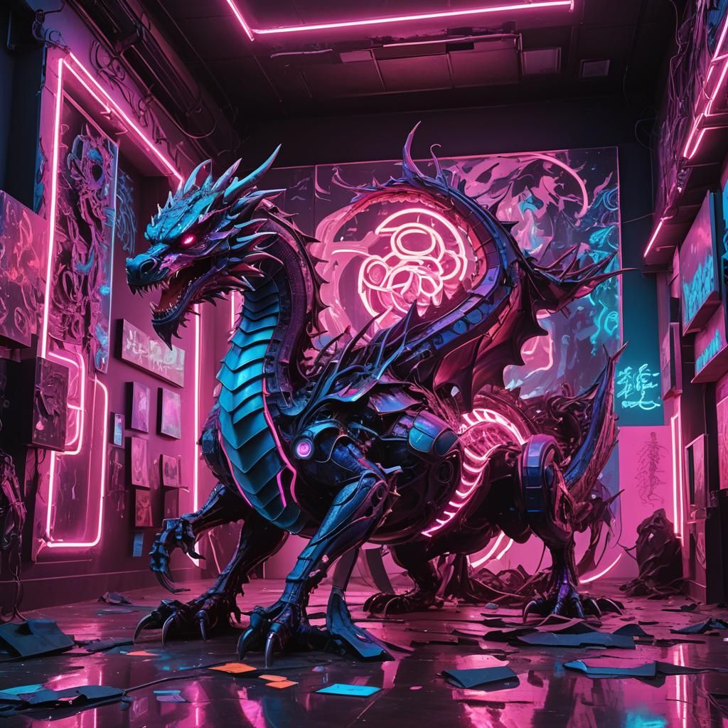 Cyberpunk Dragon Crashing Art Gallery Installation