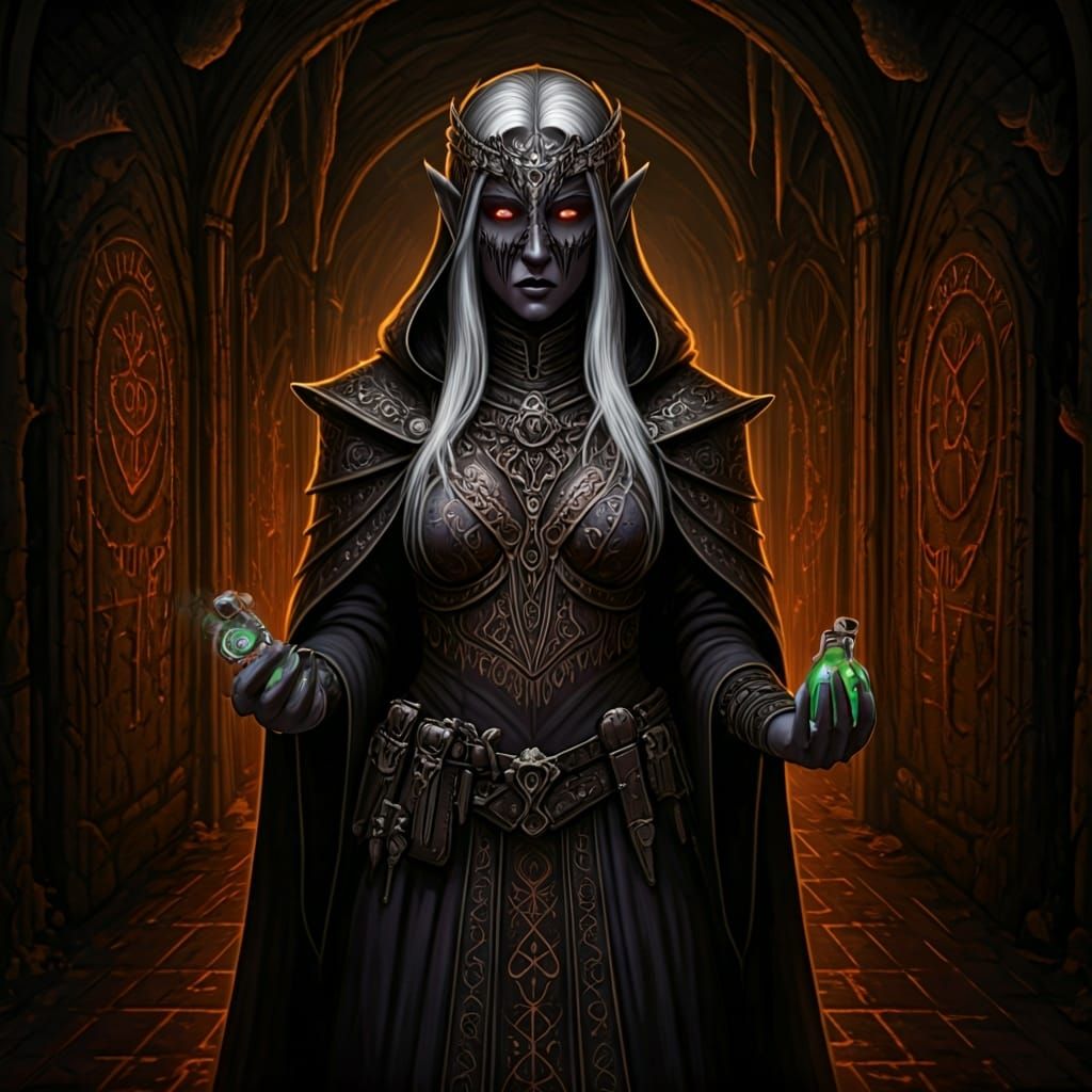 Drow Alchemist in Underdark Passage, Dark Fantasy Art