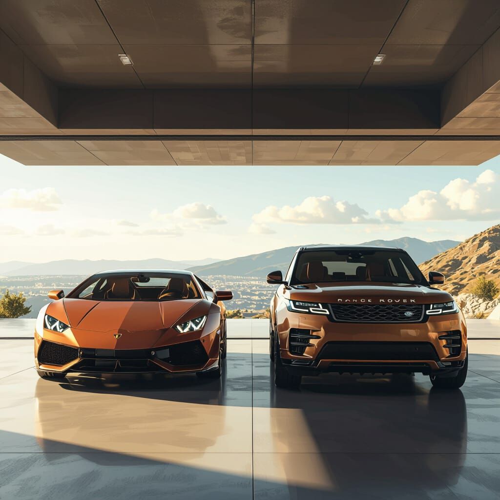 Futuristic Garage: Brown Lamborghini and Range Rover
