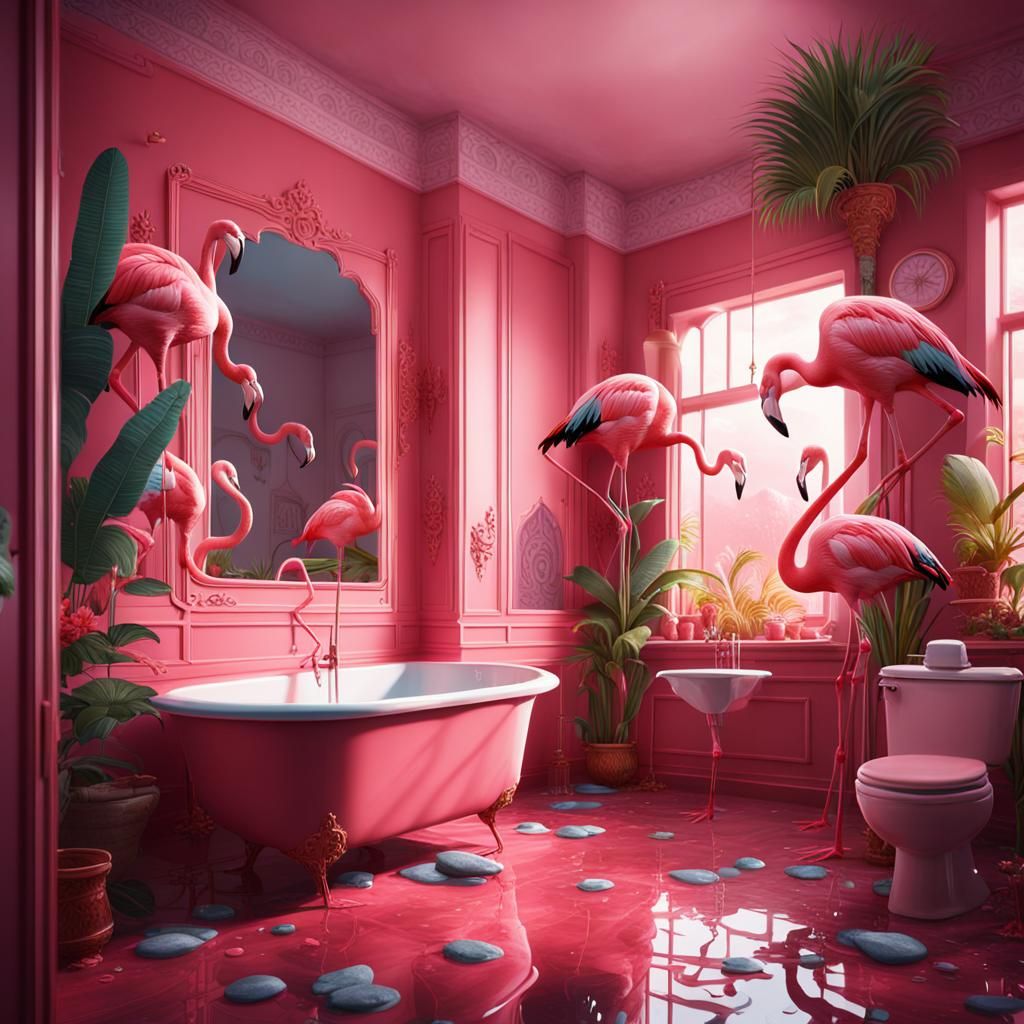 Flamingos in Bathroom: Detailed Fantasy Concept Art