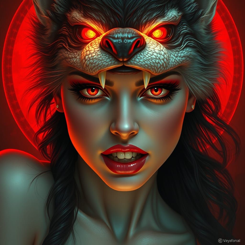 Rousse Woman Transforms into Werewolf in a Haunting Portrait