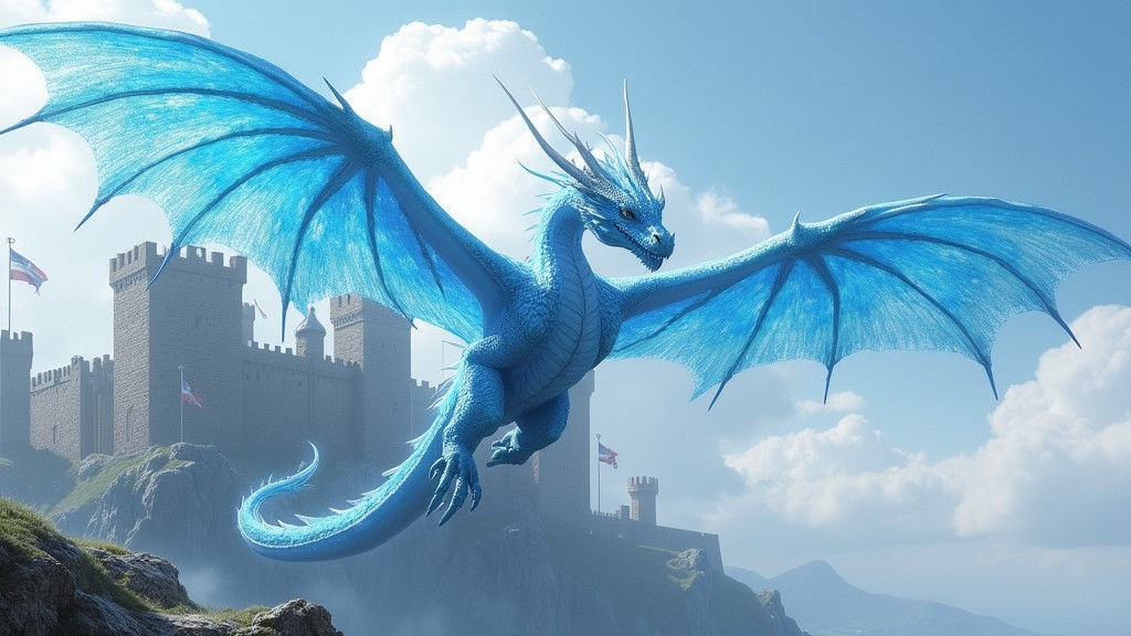 Icy Blue Dragon Soaring Above Castle, Digital Painting