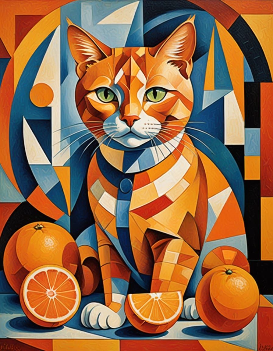 Ginger Cat with Oranges in Cubist Style